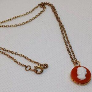 Gold Chain Necklace with Red and White Cameo Pendant